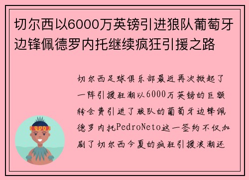 切尔西以6000万英镑引进狼队葡萄牙边锋佩德罗内托继续疯狂引援之路